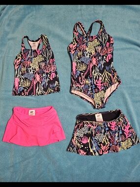 Lands' End Navy Swimsuits with Neon Pink & Multicolor Coral Print